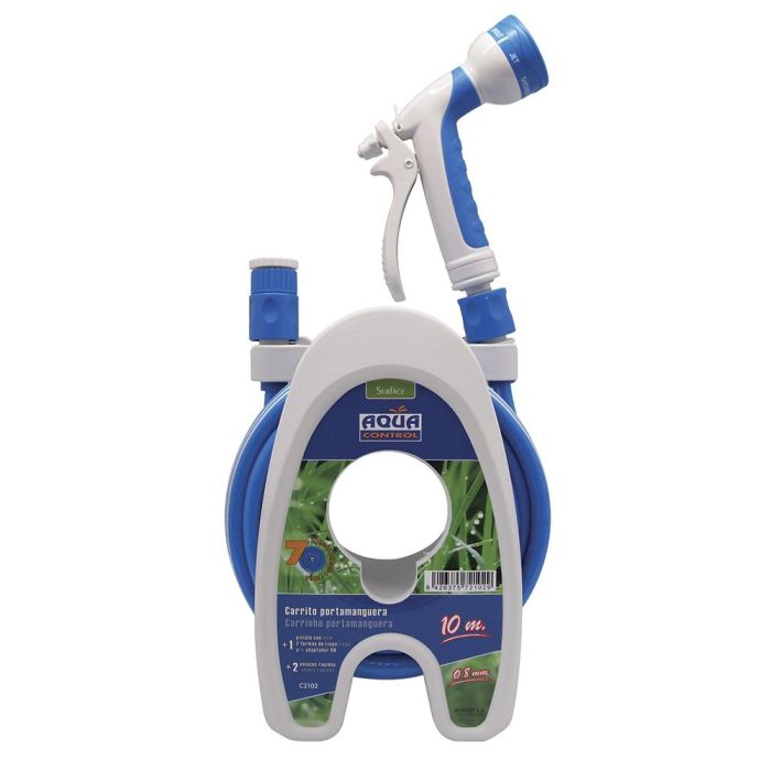 Aqua Control Carrito Portamanguera Especial Terrazas 10m PVC con Pistola 7 Formas Riego, 2 Conectores y Adaptador 5