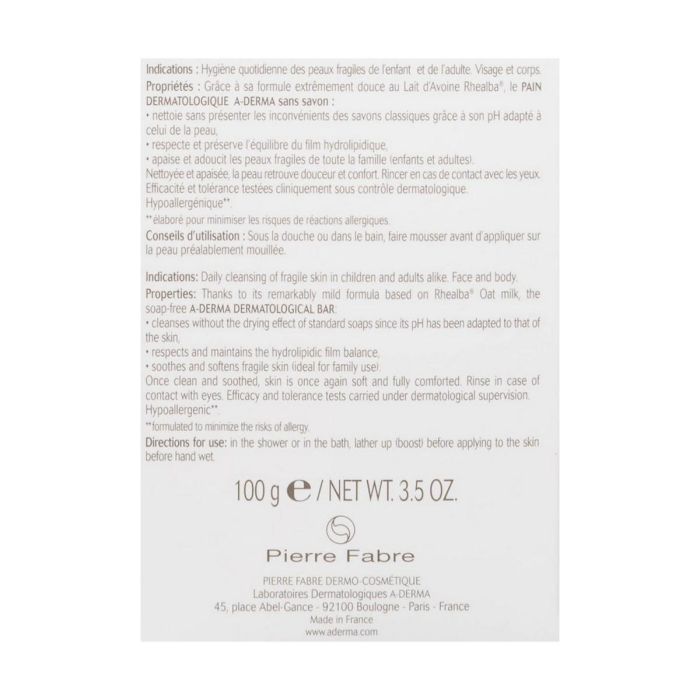 A-Derma DERMOPAN Pastilla Limpiadora Corporal Suave Sin Jabón, Piel Sensible, Frágil y Reactiva con Avena Rhealba® 100 g 4