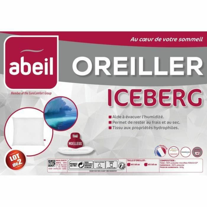 Abeil Juego de 2 almohadas blandas ICEBERG 60x60cm, efecto refrescante FERAN ICE®, funda microfibra antiestática, lavables, fabricado en Francia. 1