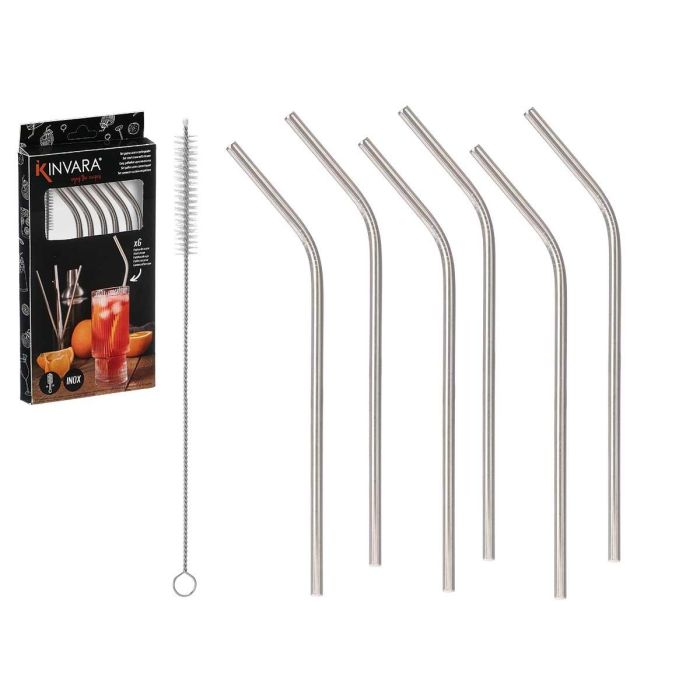 Kinvara Set 6 Pajitas de Acero Inoxidable Reutilizables con Limpiador, 21 cm, Aptas para Lavavajillas (24 Unidades)