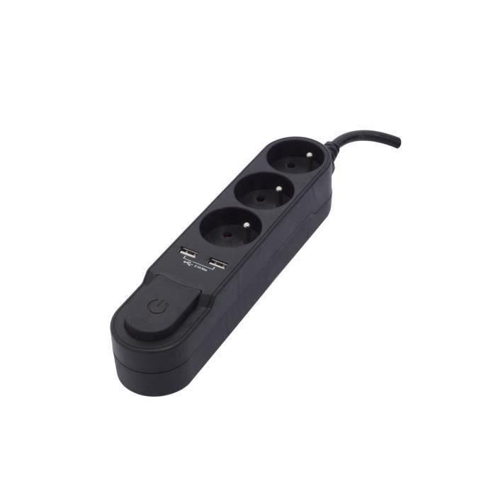 Chacon Regleta de enchufes múltiple negra con 3 tomas 16A y 2 salidas USB 2.1A, cable 1.5m e interruptor de pie