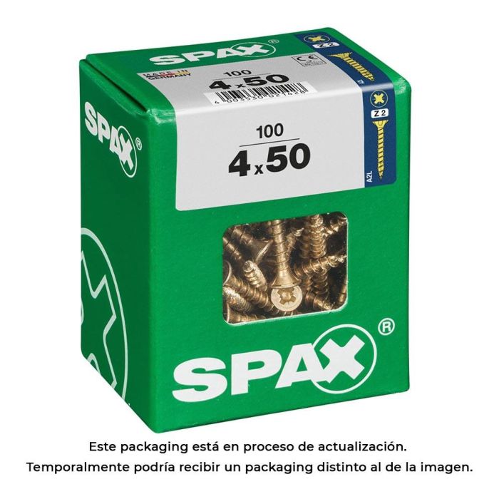 Spax 4081020400507 Tornillo Madera Universal Cabeza Plana Yellox 4,0x50mm Rosca Completa Ranura Cruz Z2 4CUT Caja 100 Unidades