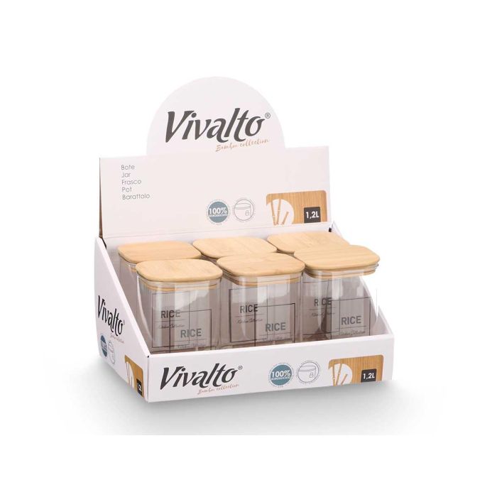 Bote Cuadrado Borosilicato Tapa Bambu Rice 1,2L Vivalto 10X15CM (12 Unidades) 1 Bote Cuadrado Borosilicato Tapa Bambu Rice 1,2L Vivalto 10X15CM (12 Unidades) 1