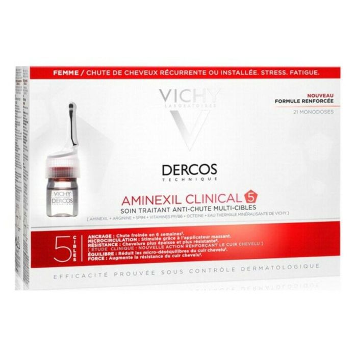 Vichy Dercos Aminexil Clinical 5 Tratamiento Anticaída Mujer. Fortalece el anclaje y estimula el crecimiento del cabello. 21 Monodosis x 6 ml.