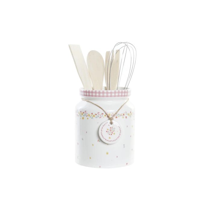 DKD Home Decor Bote Utensilios Cocina Shabby Vichy Rosa Blanco 1L Set de 5 Dolomite 12x22x12cm Apto Lavavajillas Microondas