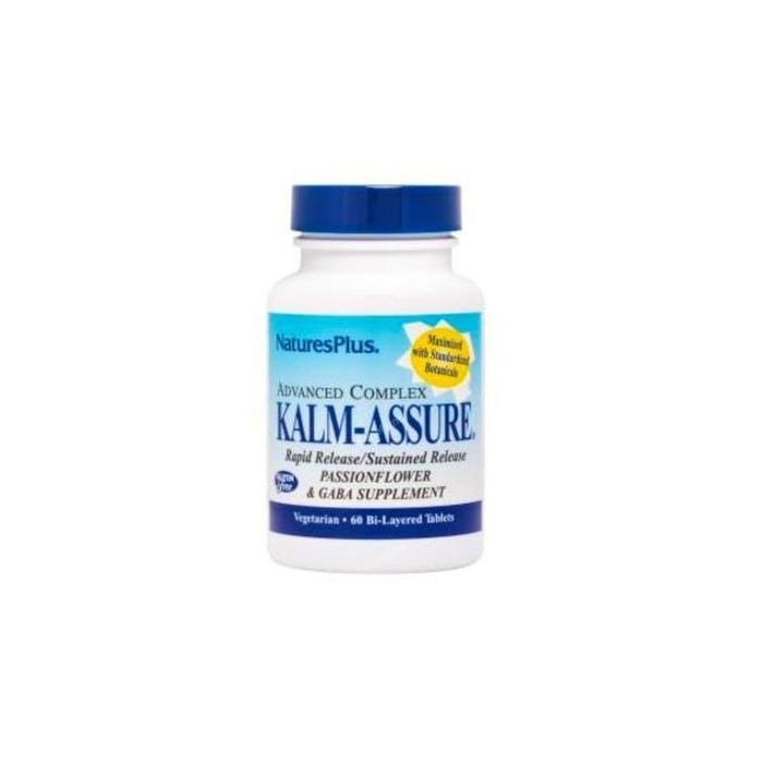 NATURES PLUS Kalmassure Pasiflora Gaba. Apoyo para la relajación con manzanilla y lúpulo. Comprimidos bifásicos de liberación rápida y prolongada. 60 Comprimidos
