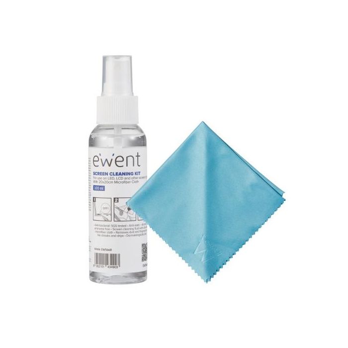 Ewent EW5668 Kit de Limpieza de Pantallas y Plásticos, Universal, con Paño Microfibra, sin Alcohol/Amoníaco, Antiestático, 100 ml