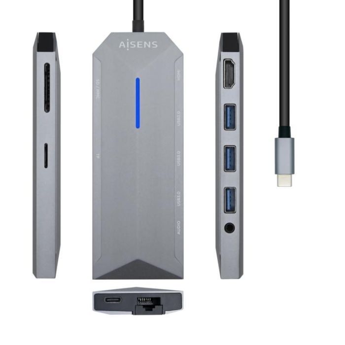 Aisens Dock Station 9 En 1 Usb-C A 1Xhdmi, 1Xrj45, 3Xusb, 1Xpd, 1Xaudio, 1XSd, 1Xmicro Sd, Gris