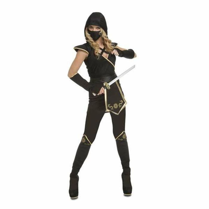 Disfraz black ninja vestido con capucha, cinturón, polainas, máscara y manguitos talla XL Disfraz black ninja vestido con capucha, cinturón, polainas, máscara y manguitos talla XL