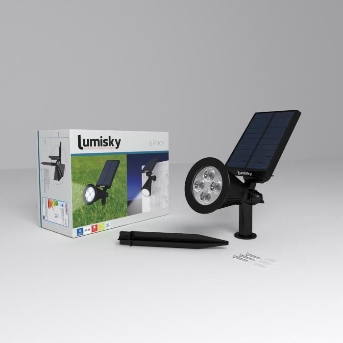 LUMISKY Paquete de 2 puntos solares impermeables para exteriores - 4 LED blancos - 200 Lm - Cabezal giratorio a 90 ° C 3 LUMISKY Paquete de 2 puntos solares impermeables para exteriores - 4 LED blancos - 200 Lm - Cabezal giratorio a 90 ° C 3