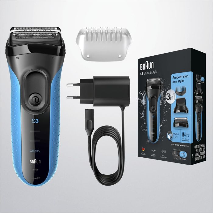 Afeitadora de barba eléctrica para hombre - BRAUN - Series 3 Shave & Style 3010BT - Tecnología Wet & Dry - Negro/Azul 5 Afeitadora de barba eléctrica para hombre - BRAUN - Series 3 Shave & Style 3010BT - Tecnología Wet & Dry - Negro/Azul 5
