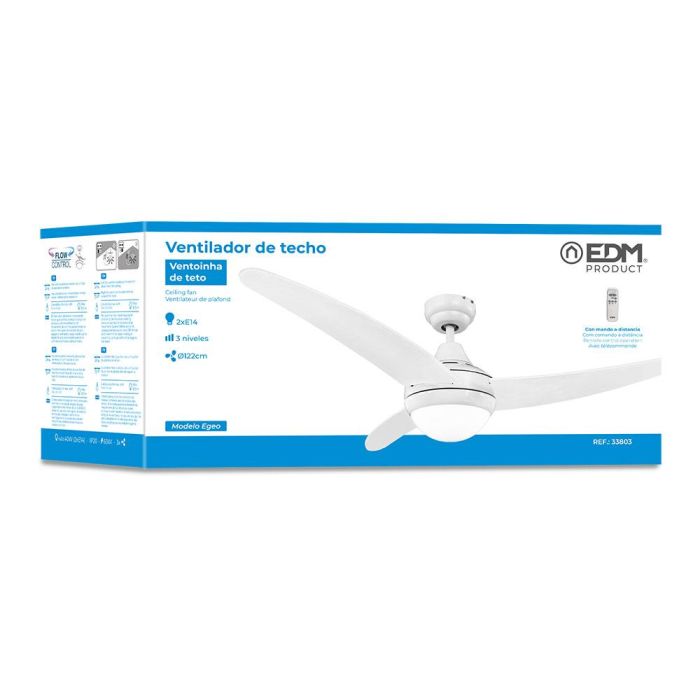 Ventilador de techo modelo egeo. color blanco. potencia: 60w aspas: ø122cm con mando a distancia edm 4