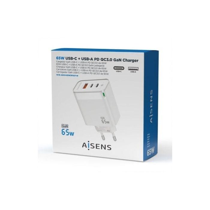 Aisens Cargador GaN 65W con 2 USB-C PD3.0 QC4.0 y 1 USB-A QC3.0, Blanco 3 Aisens Cargador GaN 65W con 2 USB-C PD3.0 QC4.0 y 1 USB-A QC3.0, Blanco 3