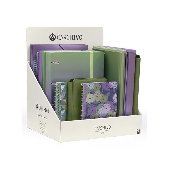 Carchivo Expositor Sobremesa Surtido en Verde y Malva - Incluye Varios Productos de Oficina