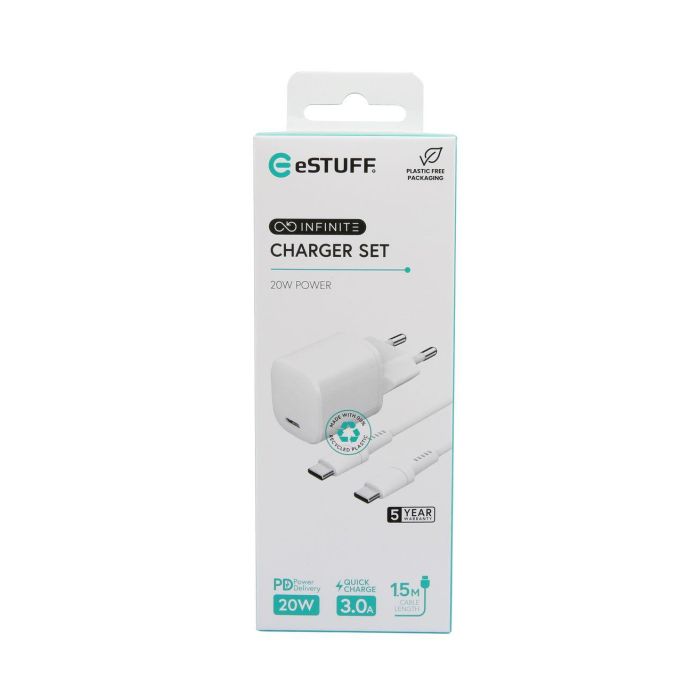 eSTUFF INFINITE Kit Cargador Rápido PD 20W Enchufe EU con Cable USB-C a Lightning 1.5m MFI para iPhone y iPad, Reciclado Blanco 2 eSTUFF INFINITE Kit Cargador Rápido PD 20W Enchufe EU con Cable USB-C a Lightning 1.5m MFI para iPhone y iPad, Reciclado Blanco 2