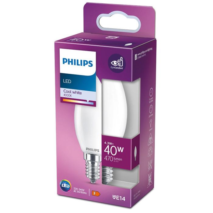 Philips Bombilla Vela LED E14 4.3W (40W Equiv.) 470 lm 4000K Luz Día Cristal Mate No Regulable 360° Ø3,5x9,7cm 1 Philips Bombilla Vela LED E14 4.3W (40W Equiv.) 470 lm 4000K Luz Día Cristal Mate No Regulable 360° Ø3,5x9,7cm 1