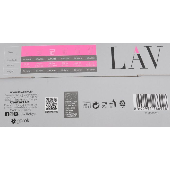 LAV Set 4 Vasos 305cc Aras Color 8.5 x 10 x 8.5 cm (6 Cajas)