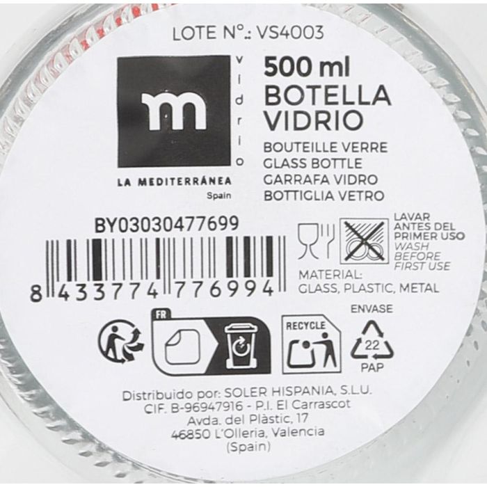 Botella 500 ml con tapón hermético - La Mediterranea (24 Unidades) 12 Botella 500 ml con tapón hermético - La Mediterranea (24 Unidades) 12