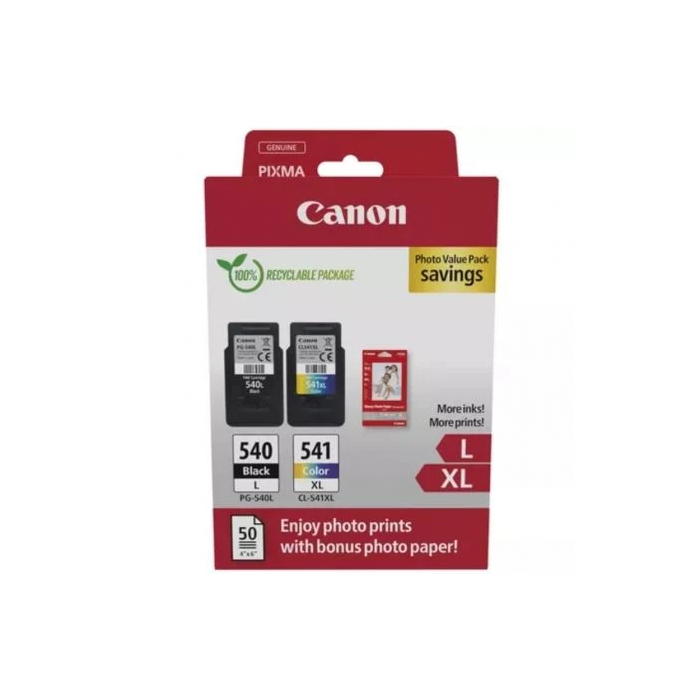 Canon Tinta Ecopack Negro+Cian+Magenta+Amarillo + Papel Fotográfico 10x15 PG-540L CL-541XL para Pixma Mg 2150-4250, Mx 375-535, Ts 5150-5151