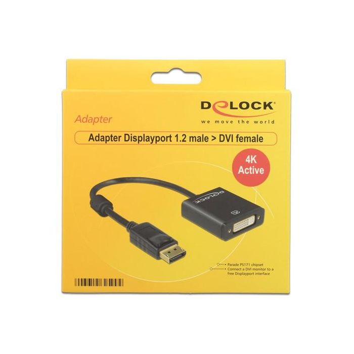 DeLOCK 62599 Adaptador DisplayPort 1.2 Macho a DVI-I Hembra, 0.2m, Chapado en Oro, Resolución 4K 3840x2160, Color Negro