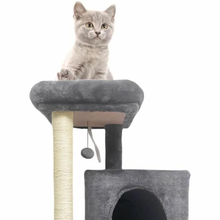 FLOPI Rascador para gatos gris oscuro - 44,5 x 48 x 86 cm - Gris oscuro - 1 plataforma, 1 pelota de juego, 2 casetas, 1 rampa 2