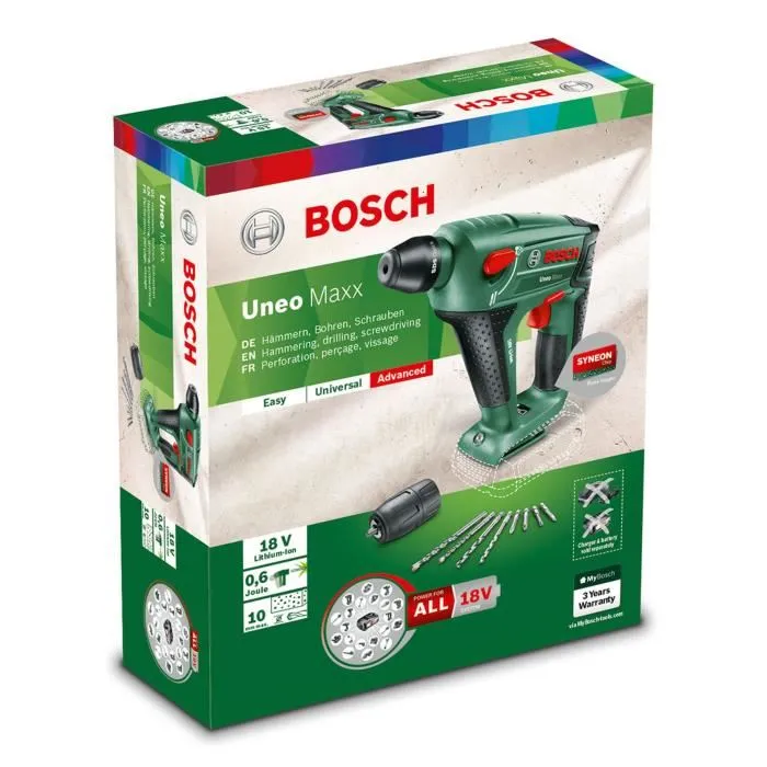 Bosch Uneo Maxx 18 Perforador - 1h Carga, 5000 cps/min, 900 rpm, 0.6 J, 10mm Concreto (Sin Batería Ni Cargador) 1 Bosch Uneo Maxx 18 Perforador - 1h Carga, 5000 cps/min, 900 rpm, 0.6 J, 10mm Concreto (Sin Batería Ni Cargador) 1