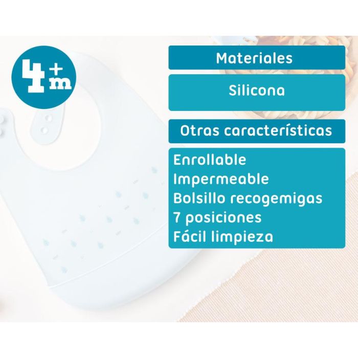 KioKids Babero de Silicona Azul para Bebé con Bolsillo Recogemigas, Ajustable, Impermeable, Fácil Limpieza, +4 Meses 4