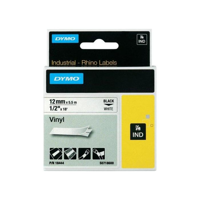 Dymo Rhino ID1-12 S0718600 Cinta de Etiquetas Industrial Adhesiva Vinilo Negro sobre Blanco 12mm x 5.5m