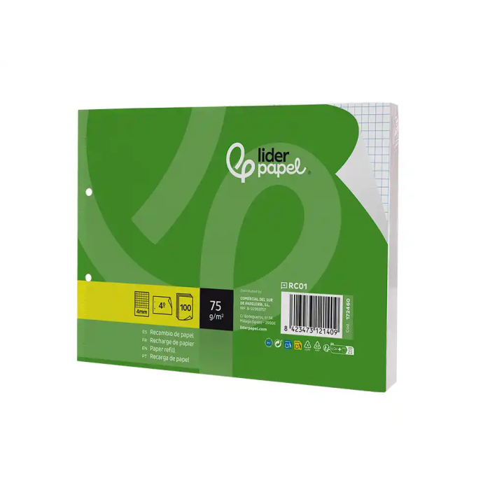 Liderpapel Recambio Cuadernos A5 Apaisado, 100 Hojas Cuadrícula 4 mm, Papel 75 g, 2 Taladros con Margen