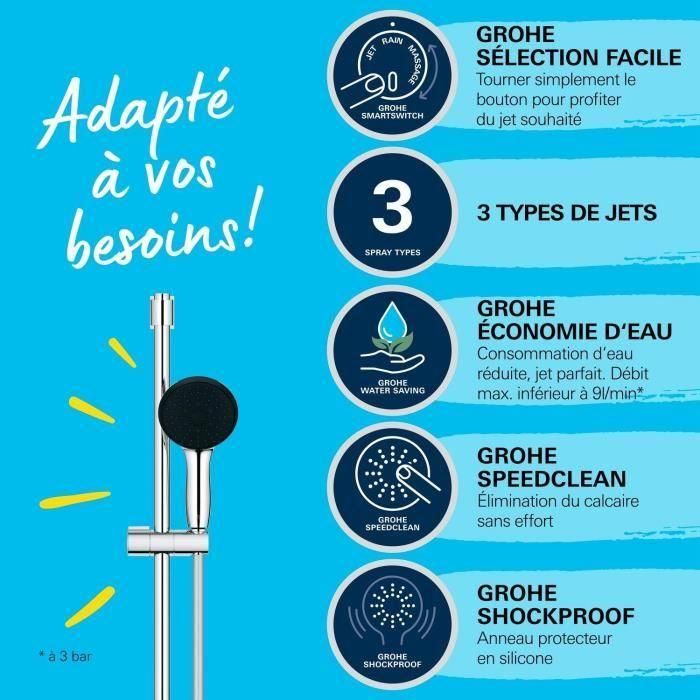 Set de ducha con rociador de 3 chorros, barra de 90 cm y flexo - GROHE Vitalio Start 110 26956001 - Ahorro de agua - Cromo 2 Set de ducha con rociador de 3 chorros, barra de 90 cm y flexo - GROHE Vitalio Start 110 26956001 - Ahorro de agua - Cromo 2