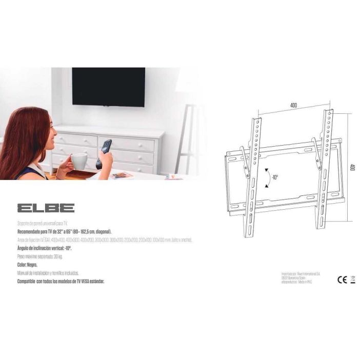 Elbe SP-3265-I Soporte de Pared Inclinable para TV 32'-65', Peso Máx. 30kg, Compatible VESA, Inclinación 10º 2 Elbe SP-3265-I Soporte de Pared Inclinable para TV 32'-65', Peso Máx. 30kg, Compatible VESA, Inclinación 10º 2