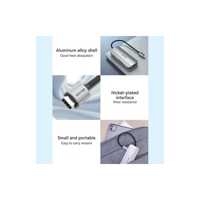 Vention Docking USB Tipo-C TOJHB 7 en 1 con HDMI 4K, 3xUSB 3.0, Lector Tarjetas SD/TF, PD 100W, Gris Vention Docking USB Tipo-C TOJHB 7 en 1 con HDMI 4K, 3xUSB 3.0, Lector Tarjetas SD/TF, PD 100W, Gris