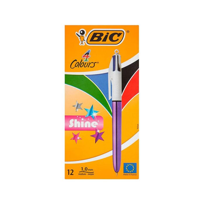 Bic Bolígrafo 4 Colores Shine Silver Cuerpo Blanco-Morado Metálico Caja 12 Ud 6