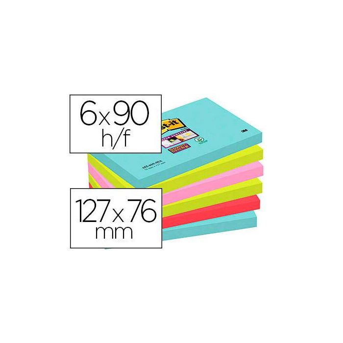 Bloc De Notas Adhesivas Quita Y Pon Post-It Super Sticky 76x127 mm Con 90 Hojas Pack De 6 Unidades Colores Miami