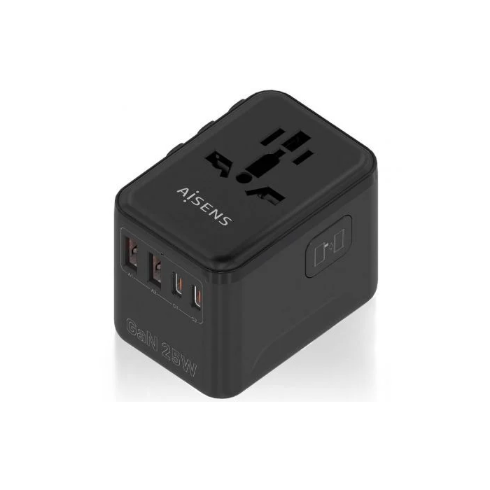 AISENS - ADAPTADOR ENCHUFE UNIVERSAL PARA VIAJE EU/USA/UK/AU CON CARGADOR USB GaN, 2xUSB-A QC3.0, 2xUSB-C PD3.0 25W, NEGRO