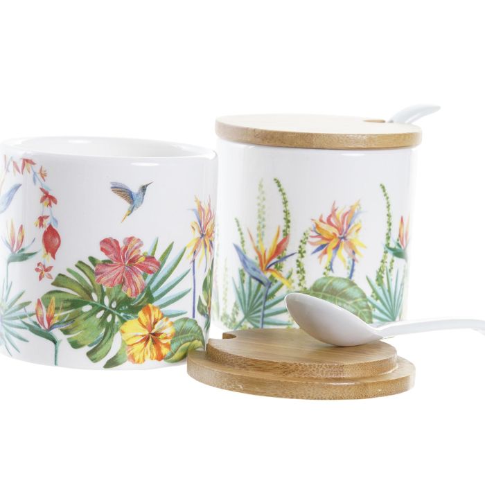 DKD Home Decor Azucarero Tropical de Dolomite y Bambú Multicolor 7.5 cm (4 Unidades) Apto Microondas y Lavavajillas 1