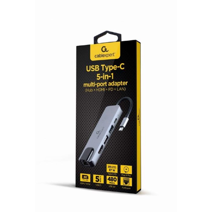 Gembird A-CM-COMBO5-04 Replicador de Puertos USB-C 3.2 Gen 1 para Portátil con 87W Power Delivery, HDMI 4K y Ethernet Plata 1