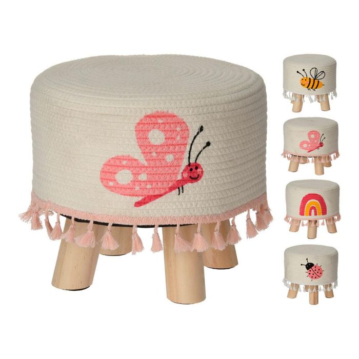 Home & Styling Taburete infantil con diseños de arco iris, ladybug, abeja y mariposa, blanco con flecos, Ø28x25mm Home & Styling Taburete infantil con diseños de arco iris, ladybug, abeja y mariposa, blanco con flecos, Ø28x25mm