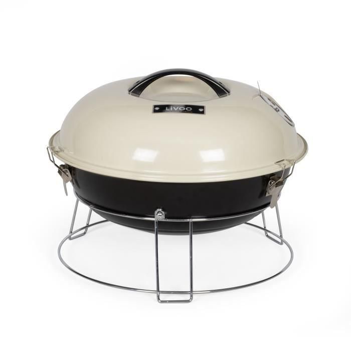 Livoo DOC301 Barbacoa de Carbón Portátil Ø34 cm, Parrilla Cromada, Acero Esmaltado, Champán y Negro