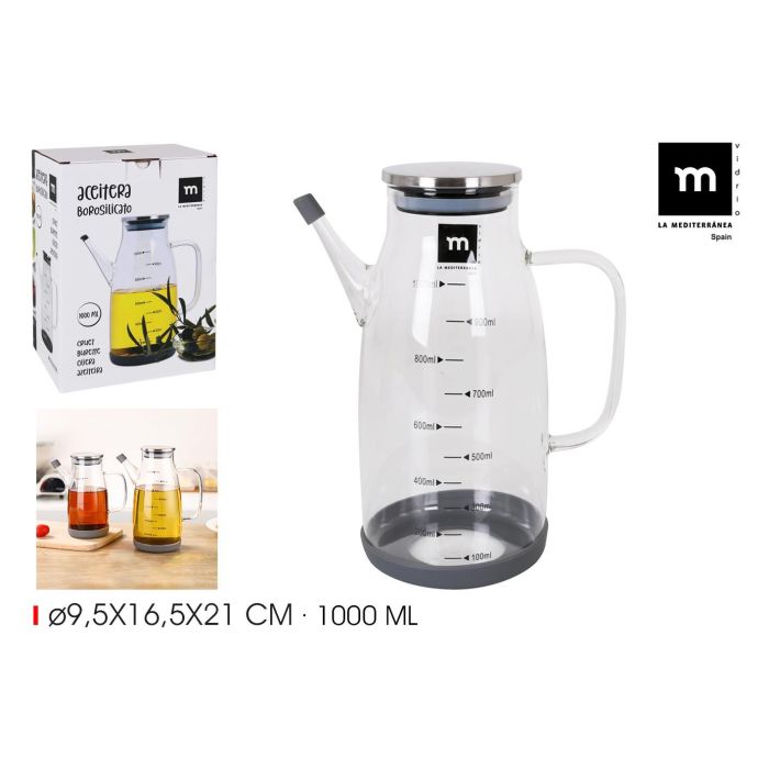 Aceitera de vidrio borosilicato con tapón de acero inoxidable 1000 ml - La Mediterranea (12 Unidades) Aceitera de vidrio borosilicato con tapón de acero inoxidable 1000 ml - La Mediterranea (12 Unidades)