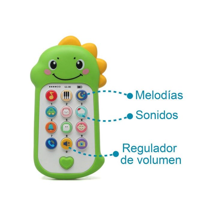 KioKids Teléfono Musical Dinosaurio para Bebés con Sonidos y Melodías - Juguete Educativo para +6 Meses, Color Verde 3