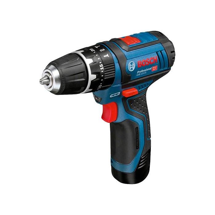 Bosch GSB 12V-15 Professional Taladro Percutor Atornillador a Batería 12V, Motor Sin Escobillas, 2 Baterías 2Ah, 1300 RPM, Par 30 Nm, Incluye 25 Brocas y Maletín