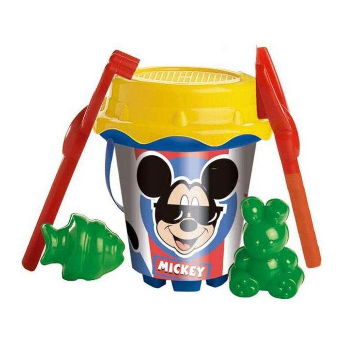 Cubo playa castillo mickey con cedazo, pala rastrillo y moldes 18 cm