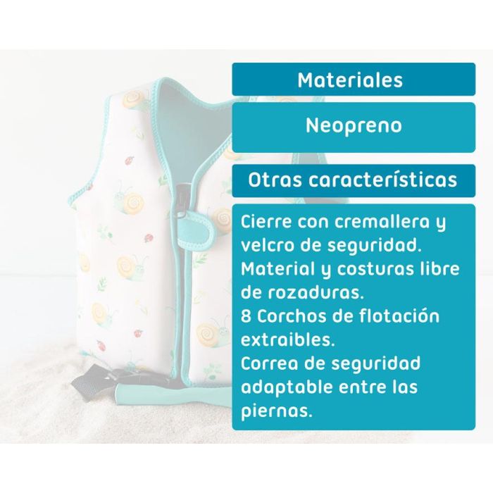 KioKids Chaleco Neopreno Flotación para Niños Caracoles Beige 2-3 Años, Corchos Extraíbles, Cierre Seguridad Reforzado, Peso Max 15kg 3