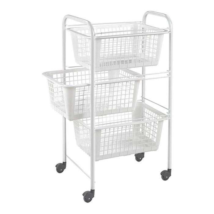 Metaltex San Diego - Carrito Auxiliar Multiusos de Metal con 3 Cestos Extraíbles, 4 Ruedas, Color Blanco, 30 x 38 x 68 cm