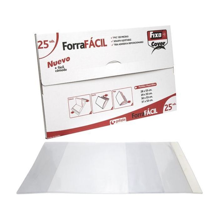Fixo Forro para Libros Sin Adhesivo, Solapa Ajustable, 120 Micras PVC, 0.28x0.53M, Transparente, Envase de 25