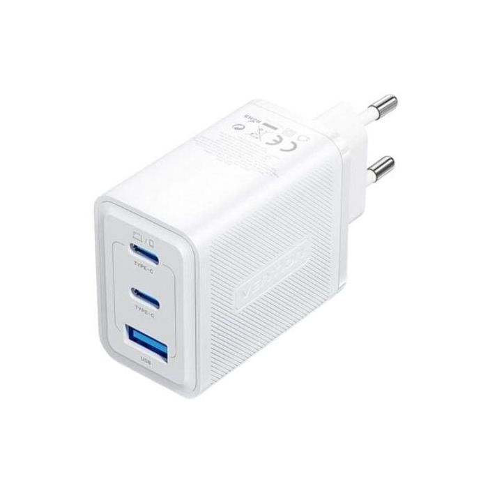Vention FERW0-EU Cargador de Pared GaN de 65W con 3 Puertos USB (2x Tipo-C, 1x Tipo-A) Blanco, Carga Rápida PD 3.0/QC 3.0