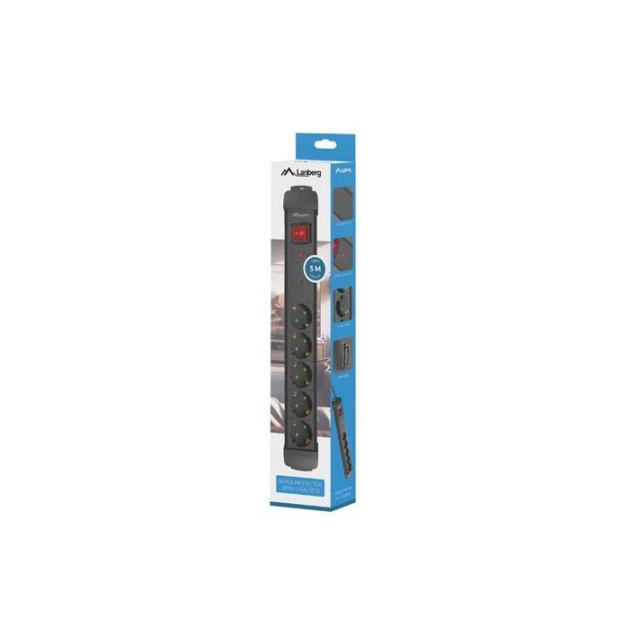 Lanberg SP1-05F-0500-BK Base Múltiple 5 Salidas AC Tipo F, Cable 5m, Uso Interior, Color Negro, con Supresor de Sobretensiones 3 Lanberg SP1-05F-0500-BK Base Múltiple 5 Salidas AC Tipo F, Cable 5m, Uso Interior, Color Negro, con Supresor de Sobretensiones 3