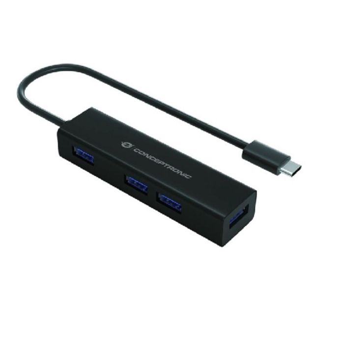 Conceptronic Hub USB Tipo C HUBBIES07B - 4 Puertos USB 3.0, Aluminio, Compatible con MacBook, Chromebook Pixel