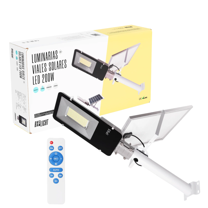 BX3 LIGHT Farola LED Solar de 200W con Control Remoto, Panel 6V y Batería 3.2V 20000mAh, Autónoma y Dimmable para Alumbrado Público BX3 LIGHT Farola LED Solar de 200W con Control Remoto, Panel 6V y Batería 3.2V 20000mAh, Autónoma y Dimmable para Alumbrado Público